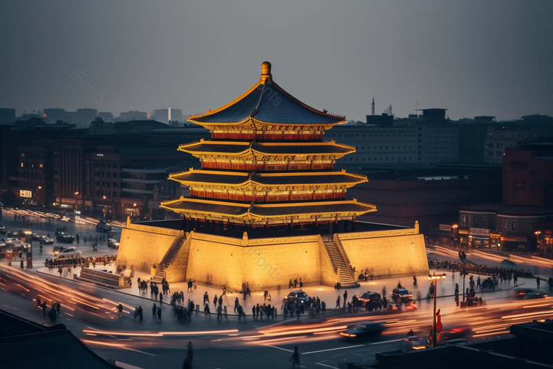 陕西西安市钟楼线条灯光车水马龙人群多复杂夜景,高清,摄影图,摄影图片,图片大全,摄影图免费下载